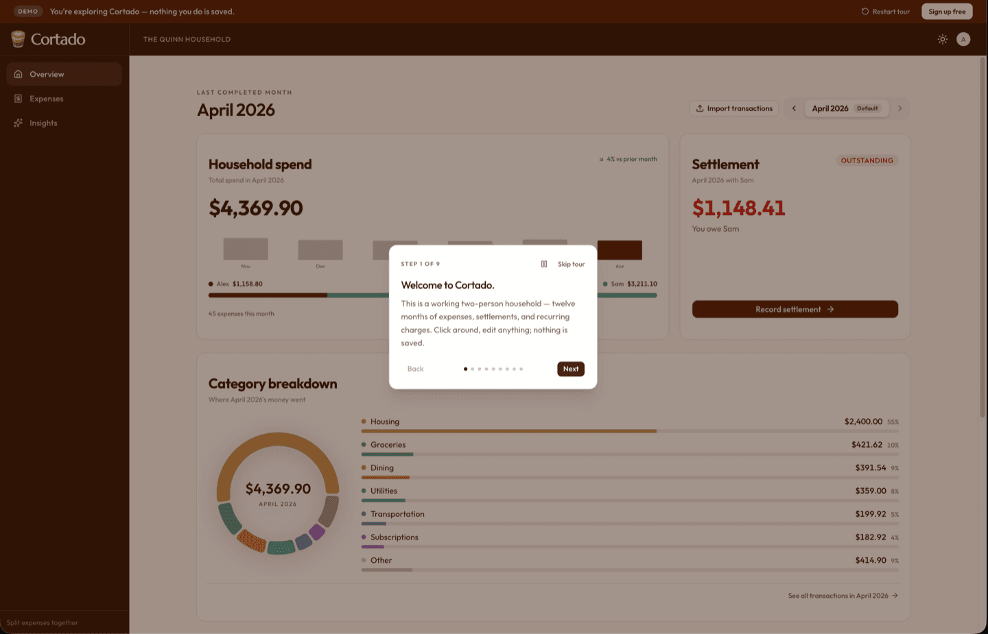 Cortado's shared household dashboard