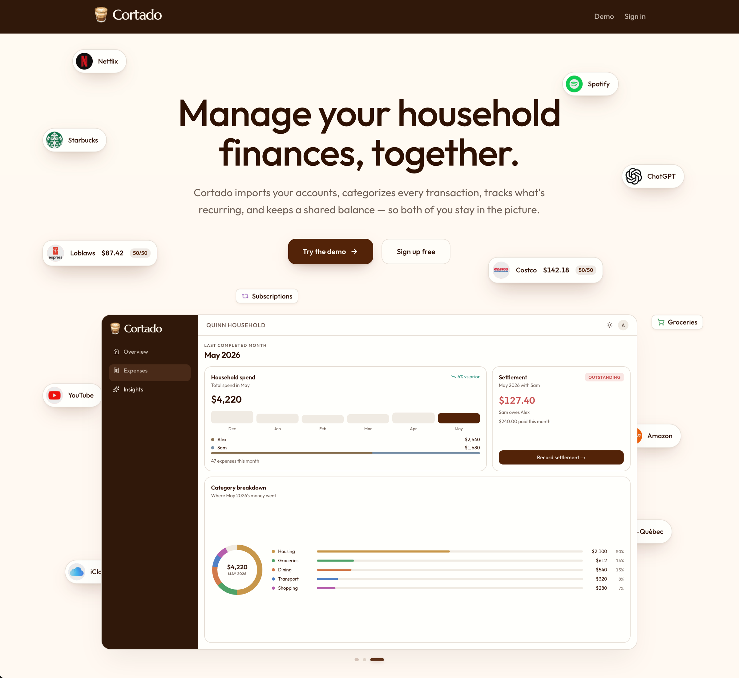 Cortado's landing page, with a peek at the shared household dashboard.